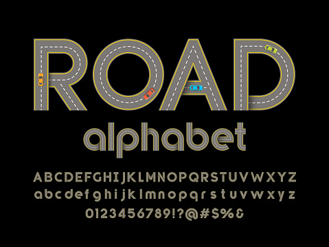 Road style alphabet design with uppercase, lowercase, numbers, symbols and vehicles