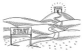 Hand-drawn vector drawing of a Road From Start To Finish Landscape. Black-and-White sketch on a transparent background (.eps-file). Included files are EPS (v10) and Hi-Res JPG.