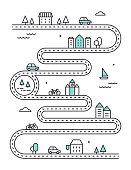 Road Illudtrated Map with Town Buildings and Transport. Vector Infographic Design.