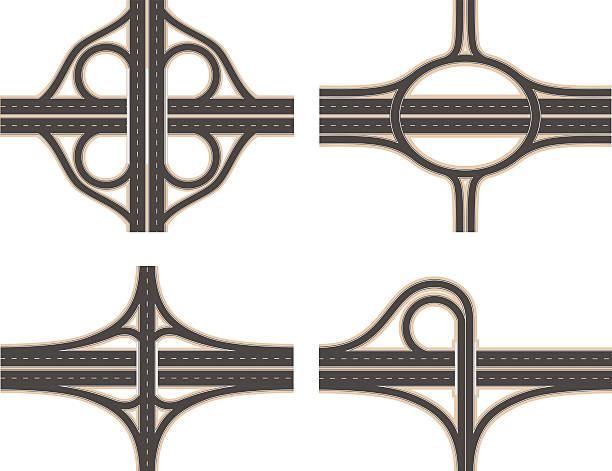 Road Interchange Set Traffic Interchanges: Cloverleaf, Circular, Diamond and Trumpet.  overpass road stock illustrations