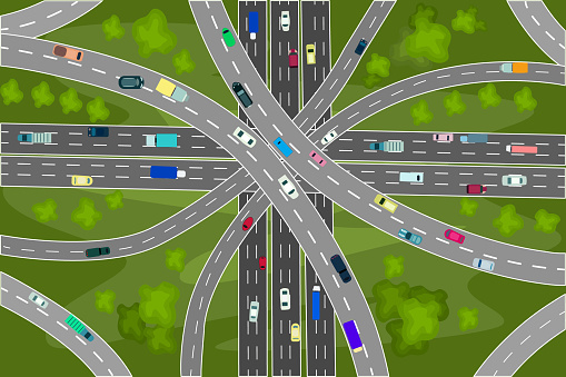 Road junction and bridges with many cars top view. Modern highway and transport.