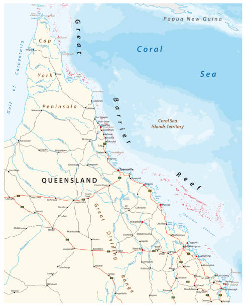 stockillustraties, clipart, cartoons en iconen met wegenkaart van het glb york schiereiland met het great barrier reef, queensland, australië - queensland