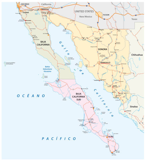 소 노라 멕시코 주의도로 지도, 바하칼리포르니아수르 주, 바 하 캘리포니아 남부 - tijuana stock illustrations