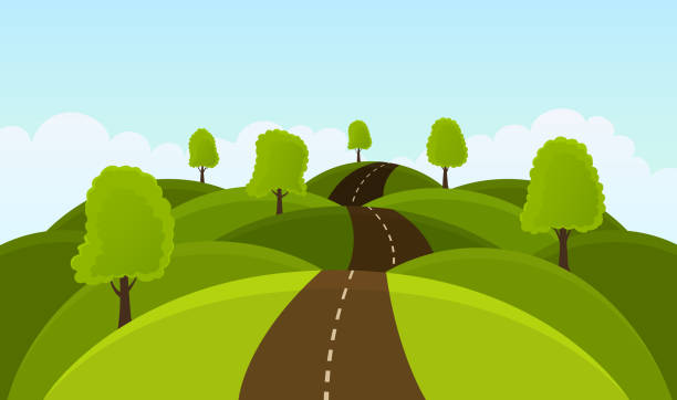 Road on hills among trees and meadows. Road on hills among trees and meadows. bumpy stock illustrations