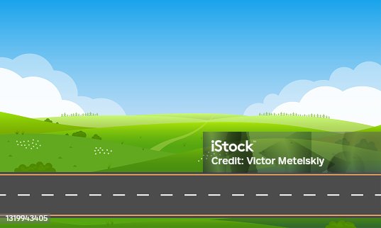 istock Road or highway in nature landscape with green grass, hills and blue sky. Summer or spring countryside background. Vector illustration. 1319943405
