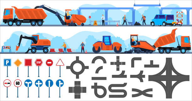 Road repair construction vector illustration flat set, cartoon worker repairman character working on constructing truck isolated on white Road repair construction vector illustration flat set. Cartoon worker repairman character working on constructing equipment truck, people building concrete asphalt highway, roadworks isolated on white concrete clipart stock illustrations