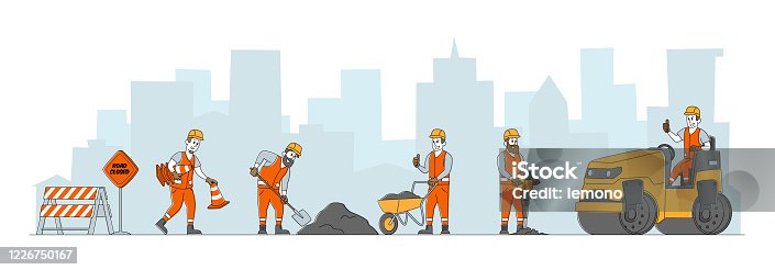 istock Road Repair with Construction Machines and Working People Characters. Rolling Heavy Vehicles Making Asphalt Maintenance. Machinery and Warning Traffic Cones Signs. Linear People Vector Illustration 1226750167
