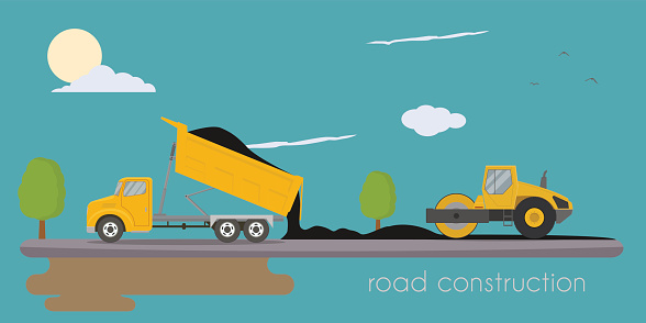 Road roller and truck making road