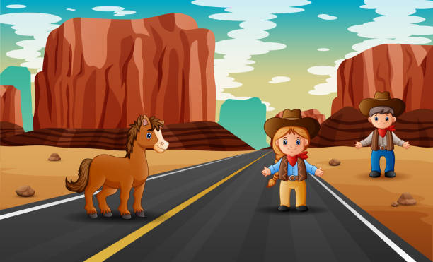 bildbanksillustrationer, clip art samt tecknat material och ikoner med vägscen med cowboy nd cowgirl stående - desert cowgirl