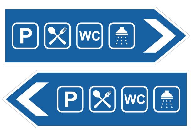 ilustrações de stock, clip art, desenhos animados e ícones de road sign, parking lot, set of pictogram on blue background, eps. - parking lot