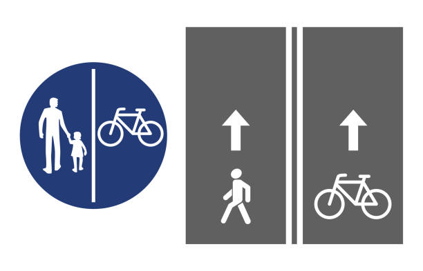 ilustrações de stock, clip art, desenhos animados e ícones de road sign, pedestrian and bicyclist, vector illustration icon. circular blue traffic sign. white image on the roadbed. white silhouette of people, man and baby girl, and bicycle - trilhos pedestres
