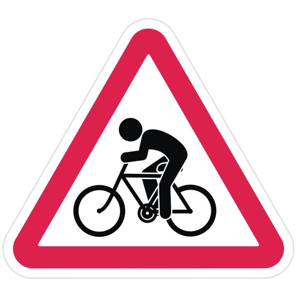 Road sign, watch out for cyclists, red triangle frame, vector icon Road sign, cyclist, red triangle frame, vector icon on white background cycling borders stock illustrations