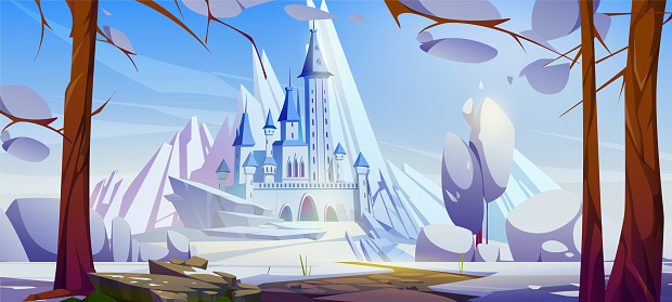 Road to castle on hill with snow and ice peaks. Vector cartoon illustration of winter landscape of fairy tale kingdom with royal palace with towers, mountains, path and bare trees
