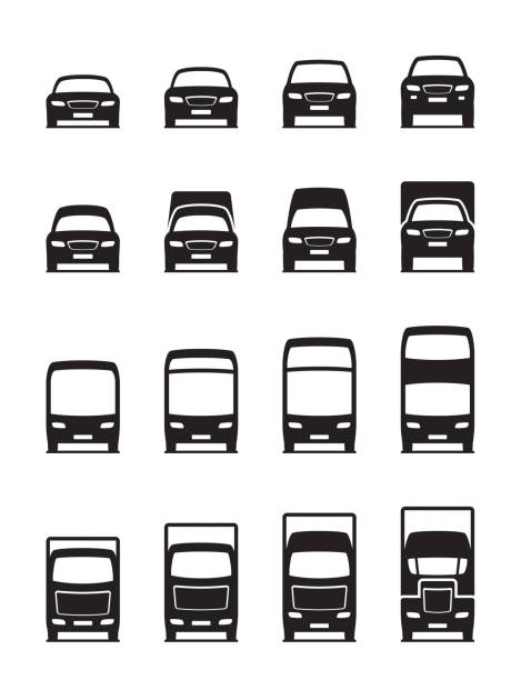 Road transportation vehicles in front Road transportation vehicles in front - vector illustration truck icons stock illustrations