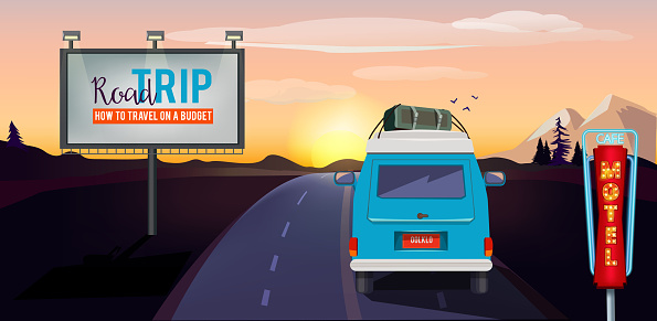 Road trip. Adventure on the road in car summer vacation urban landscape vector cartoon background
