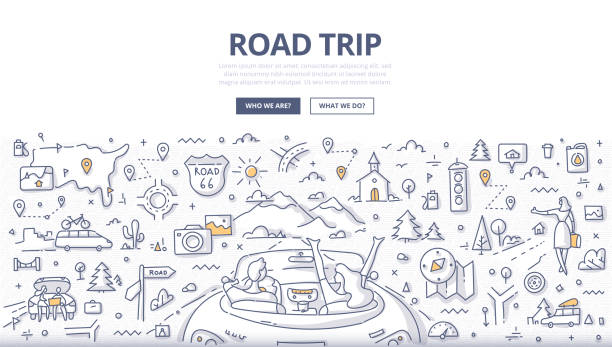 ilustraciones, imágenes clip art, dibujos animados e iconos de stock de viaje por carretera doodle concept - road trip