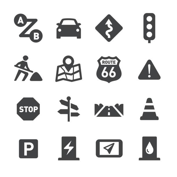 illustrazioni stock, clip art, cartoni animati e icone di tendenza di icone del viaggio su strada - serie acme - semaforo