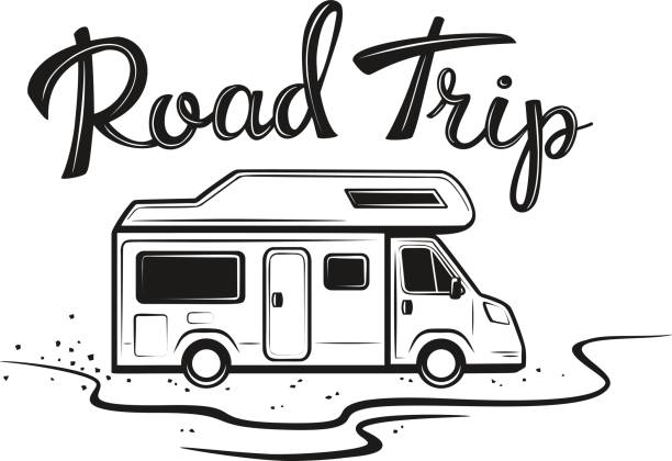 stockillustraties, clipart, cartoons en iconen met road trip poster met de camper onderweg naar vakantie in zwarte kleur met handgeschreven tekst - caravan
