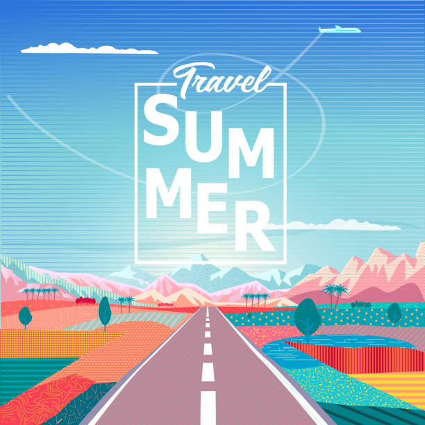 Road trip to rocky mountains exotic landscape, Summer Travel - Adventure in Nature Road trip to rocky mountains landscape. Summer Travel lettering. Rural fields, rugged mountains, airplane, campgrounds. Summer Sunny sky painting poster. Adventure in Nature, Traveling, Voyage, vector illustration, flat design Pop Art wallpaper airplane backgrounds stock illustrations