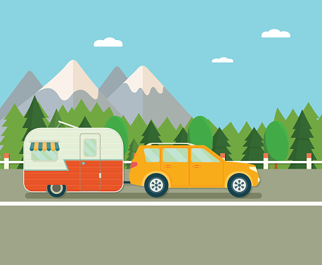 Road trip. Travel trailer and suv. Flat vector illustration