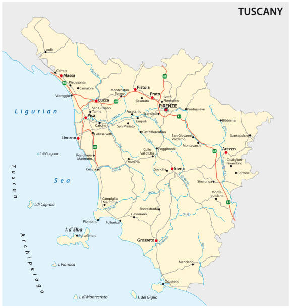 illustrazioni stock, clip art, cartoni animati e icone di tendenza di mappa dei vettori stradali della regione toscana - isola d'elba
