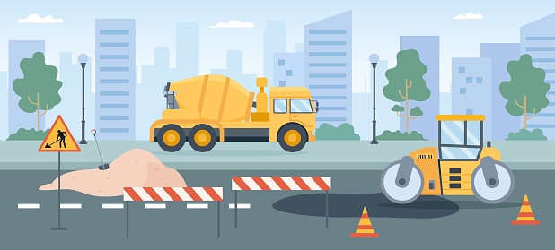 Road works. Pavement repair with asphalt roller, concrete mixer and street barriers. City roads maintenance service machines vector concept