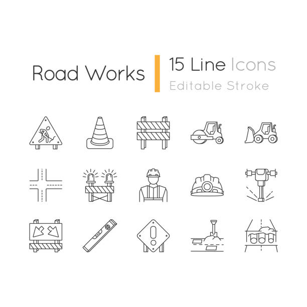 Road works pixel perfect linear icons set. Roadsign for construction. Worker in safety helmet. Customizable thin line contour symbols. Isolated vector outline illustrations. Editable stroke Road works pixel perfect linear icons set. Roadsign for construction. Worker in safety helmet. Customizable thin line contour symbols. Isolated vector outline illustrations. Editable stroke road construction stock illustrations