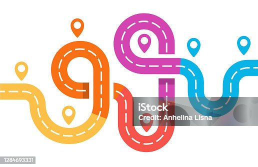 istock Roadway with pin, Road junction map, infographic element, bright colorful vector illustration on white background. 1284693331