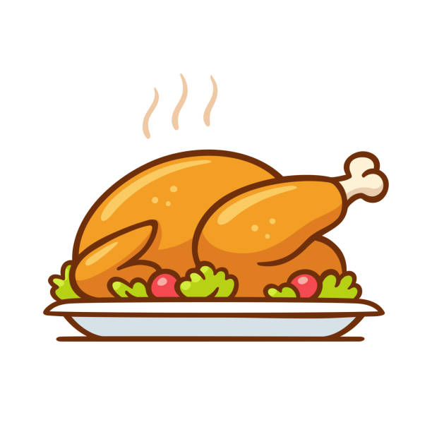 Roast turkey or chicken dinner Roast turkey or chicken on plate, traditional Thanksgiving or Christmas dinner vector clip art illustration. Simple cartoon style isolated drawing. cooked stock illustrations