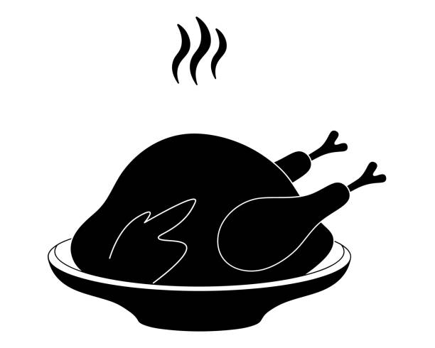 Roasted turkey. Silhouette. Juicy meat on a plate. Fragrant smoke. Vector illustration. Black and white icon. Isolated white background. Thanksgiving day symbol. Appetizing chicken. Conditional designation. Roasted turkey. Silhouette. Juicy meat on a plate. Fragrant smoke. Vector illustration. Black and white icon. Isolated white background. Thanksgiving day symbol. Appetizing chicken. Conditional designation. Idea for web design. thanksgiving diner stock illustrations