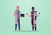 robot and human doctors discussing during meeting robotic character vs man with stethoscope standing together healthcare artificial intelligence technology concept flat full length horizontal vector illustration