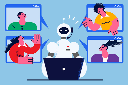 Robot assistant talk on webcam call with people