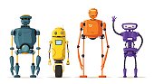 Robot character. Technology, future. Cartoon vector illustration. Vintage style Evolution of technologies