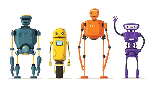 Robot character. Technology, future. Cartoon vector illustration Robot character. Technology, future. Cartoon vector illustration. Vintage style Evolution of technologies robot stock illustrations
