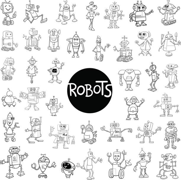robot characters big set Black and White Cartoon Illustration of Robots Fantasy Characters Huge Set robot drawings stock illustrations