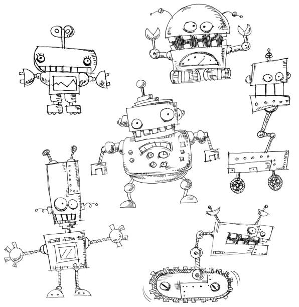 Robot doodles isolated Robot doodles isolated on a white background robot drawings stock illustrations