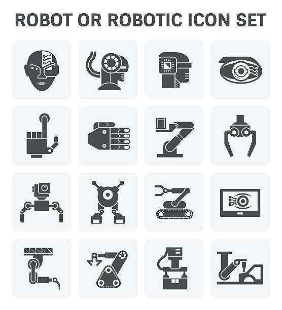 Robot icon set Robot or robotic vector icon set design. manufacturing silhouettes stock illustrations