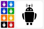 Robot Icon Square Button Sets Icon Square Button Set. The icon is in black on a white square with rounded corners. The are eight alternative button options on the left in purple, blue, navy, green, orange, yellow, black and red colors. The icon is in white against these vibrant backgrounds. The illustration is flat and will work well both online and in print.