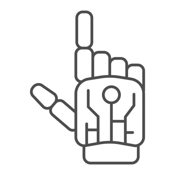 робот механической руки тонкая линия значок, роботизация концепции, роботизированный знак руки на белом фоне, роботизированная человеческ - robot hand white background stock illustrations