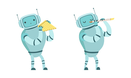 Robot Musician Playing Musical Instrument Performing on Stage Vector Set