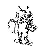 Hand-drawn vector drawing of a Robot Reading a Book, Machine Learning Concept. Black-and-White sketch on a transparent background (.eps-file). Included files are EPS (v10) and Hi-Res JPG.