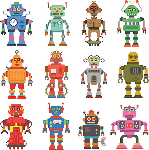 robot set Vector set of 12 cute retro robots. robot stock illustrations