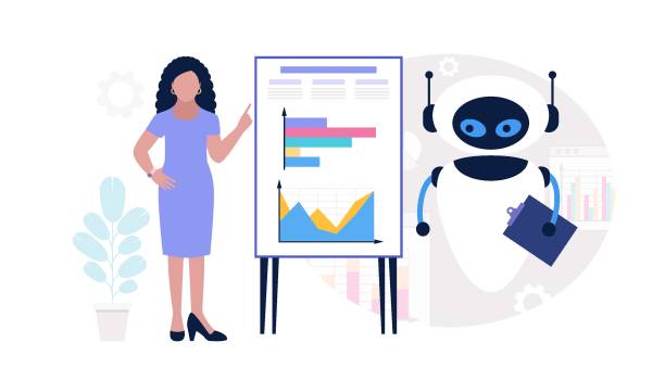 Robot with character analyzing infographic Robot with character analyzing infographic, project, statistics. Vector illustration in a flat style automatic reports stock illustrations