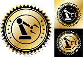 Robotic Arm Icon. This 100% royalty free vector illustration is featuring a golden round seal with a small drop shadow and the main icon is depicted in black. Two smaller variations are on the right.