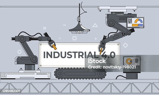 istock Robotic arms and conveyor belt, Factory automation, Industry 4.0. Vector illustration background 1285082301