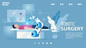 Robotic Surgery Innovative Medicine Flat Landing Page. Modern Medical Technologies. Cartoon Robot Arm Manipulating with OR Patient under Surgeon Control. Innovative Medicine. Vector Illustration