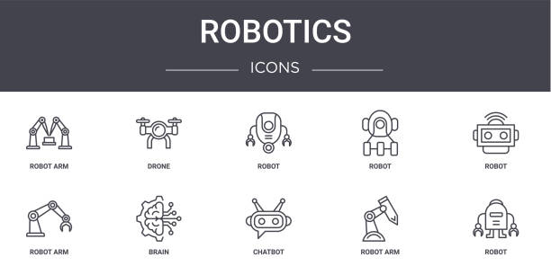 로봇 개념 라인 아이콘 세트. 드론, 로봇, 로봇 팔, 챗봇, 로봇 암 등 웹, 로고, ui/ux에 사용할 수 있는 아이콘이 포함되어 있습니다. - 로봇공학 stock illustrations