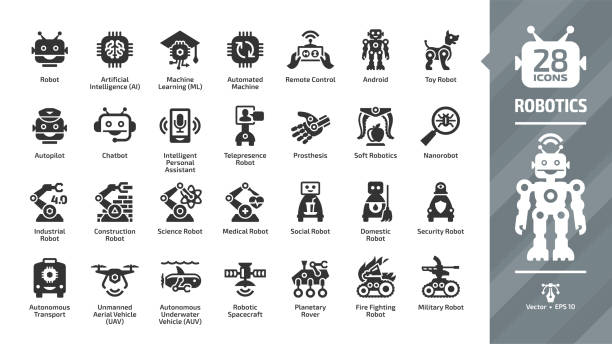 ilustrações de stock, clip art, desenhos animados e ícones de robotics industry glyph icon set with robot and bot technology, artificial intelligence ai, machine learning ml, automated and remote control, smart chip, android, toy and more tech symbols. - robot