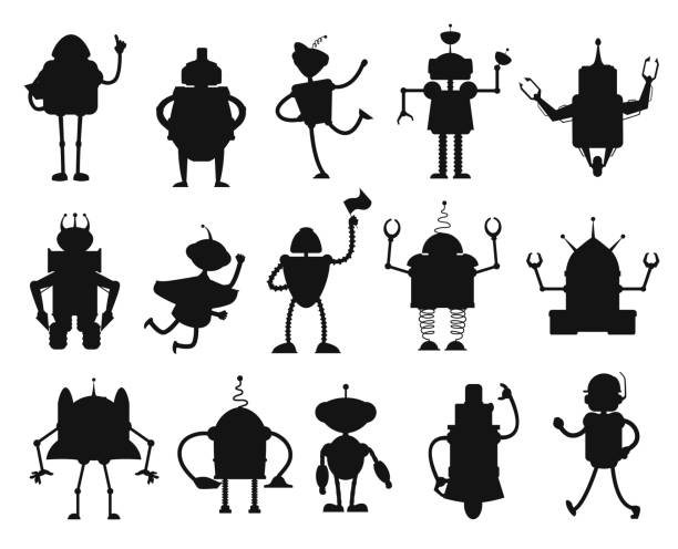Robots and droids silhouettes, black AI toys Robots and droids silhouettes of artificial intelligence toys. Isolated vector black robots, bots, droids and cyborgs with antennas on heads, spring legs, wheels and manipulator arms, AI technologies robot silhouettes stock illustrations