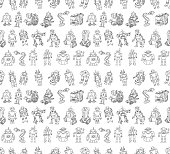 Robots doodles seamless pattern without background.
